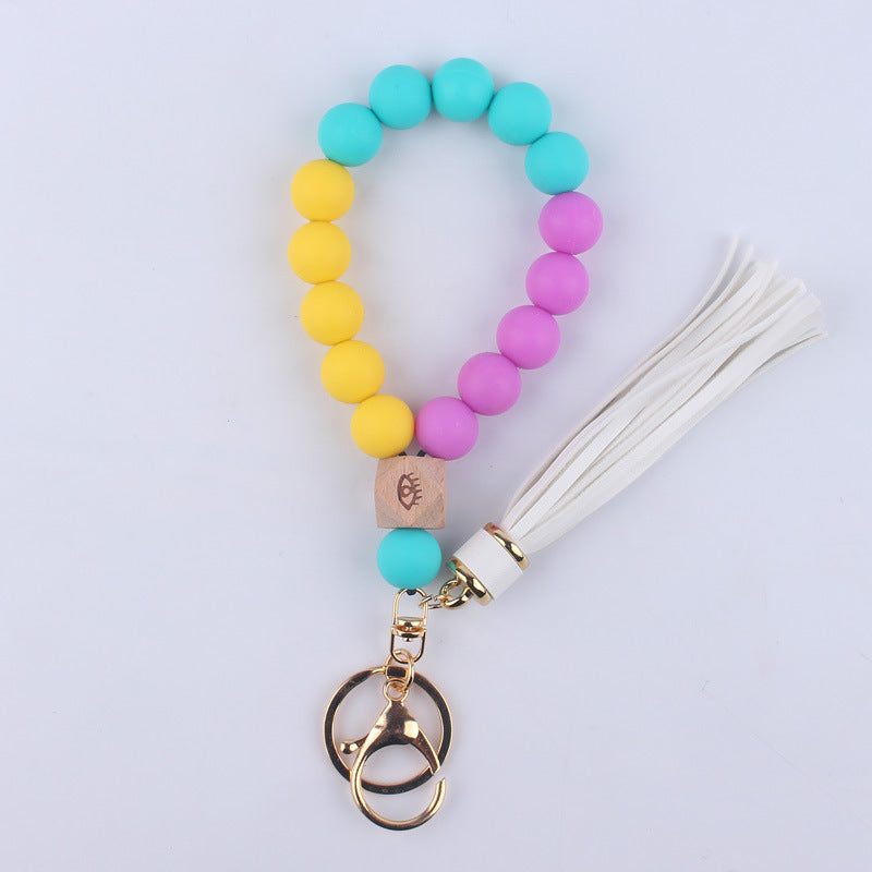 Wholesale Leopard Pattern Silicone Tassel Beaded Wrist Keychain